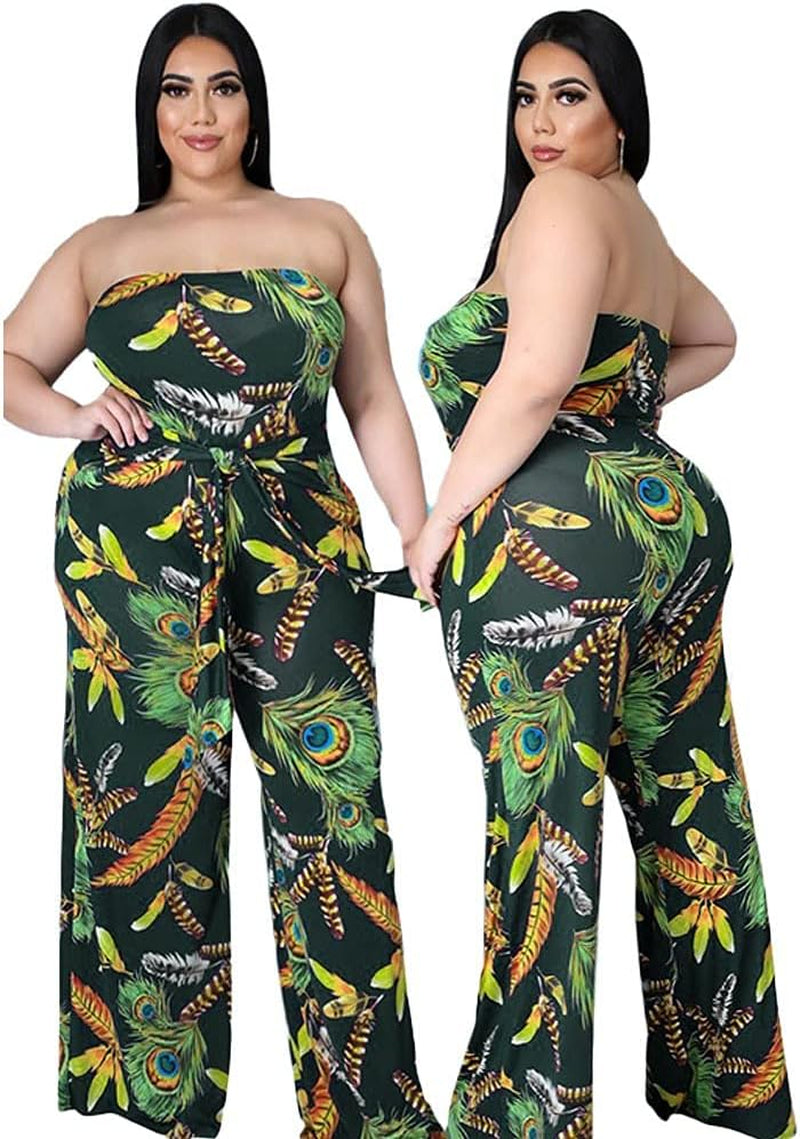 Floral Print plus Size Wide Leg Pants Jumpsuits for Women Dressy Elegant Sexy High Waisted Sleeveless Rompers Casual Green XXL