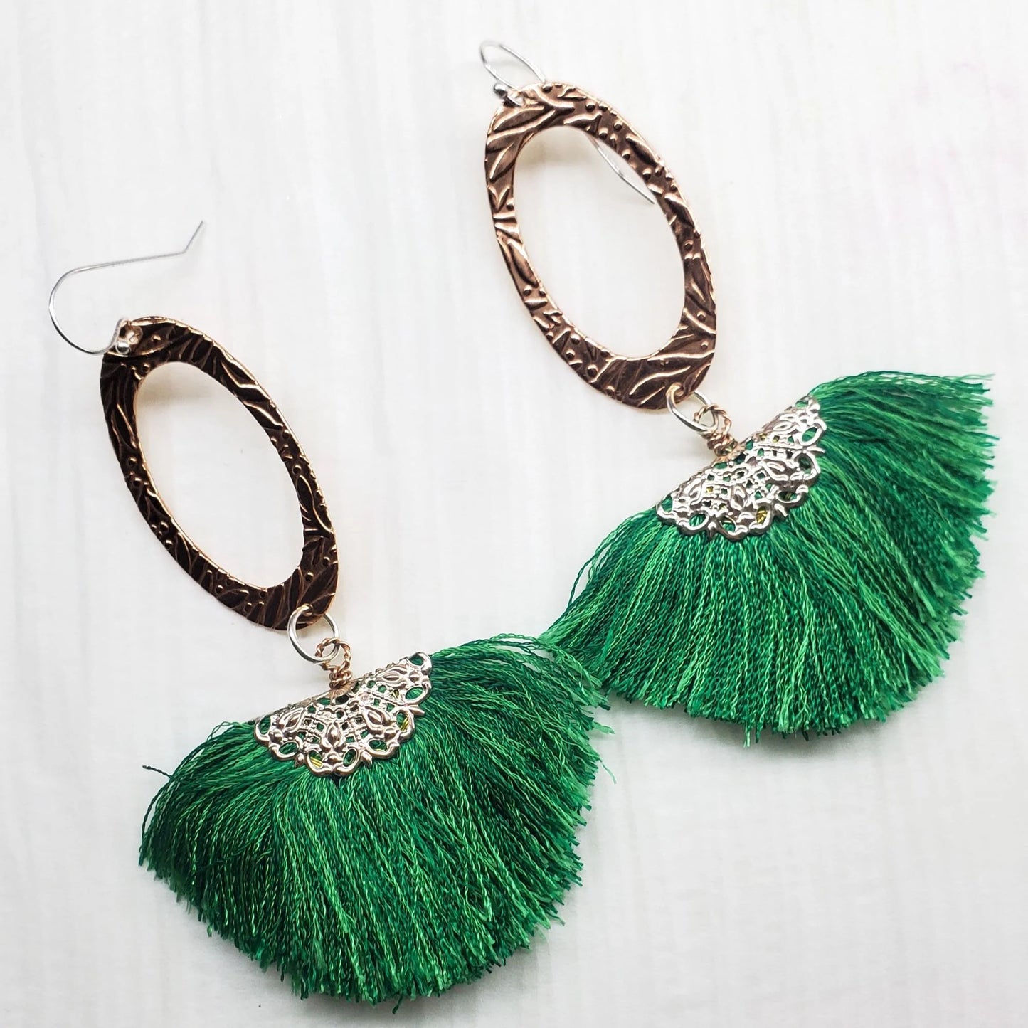Copper Embossed Rose Gold Filled Filigree Silk Fan Tassel Earrings