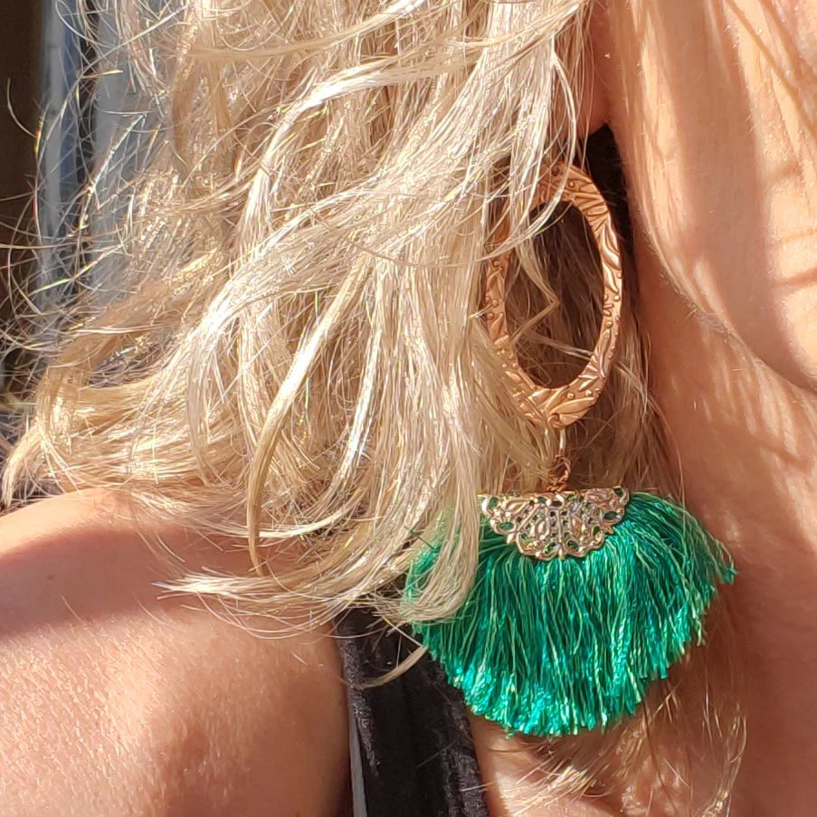 Copper Embossed Rose Gold Filled Filigree Silk Fan Tassel Earrings