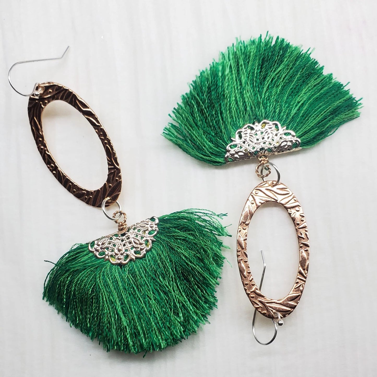Copper Embossed Rose Gold Filled Filigree Silk Fan Tassel Earrings