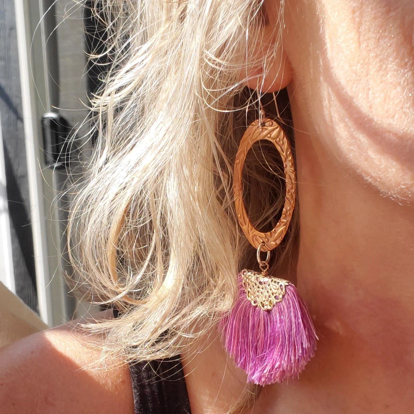 Copper Embossed Rose Gold Filled Filigree Silk Fan Tassel Earrings