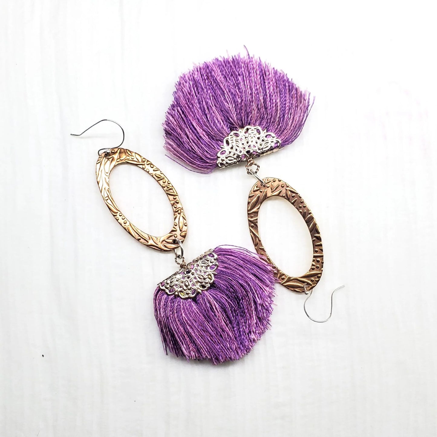 Copper Embossed Rose Gold Filled Filigree Silk Fan Tassel Earrings