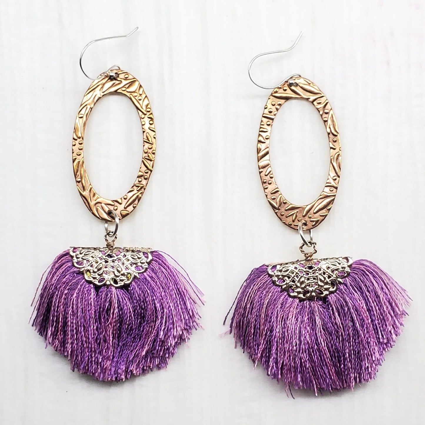 Copper Embossed Rose Gold Filled Filigree Silk Fan Tassel Earrings