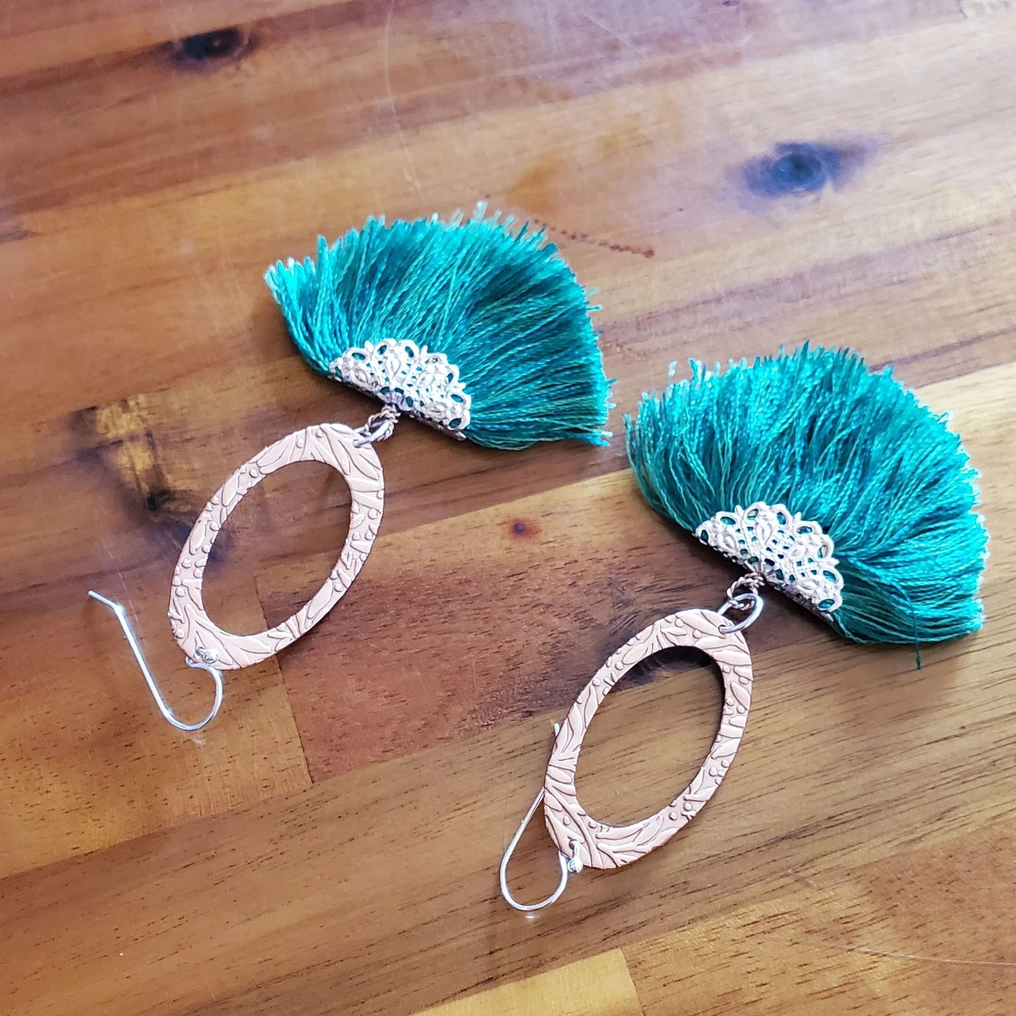 Copper Embossed Rose Gold Filled Filigree Silk Fan Tassel Earrings