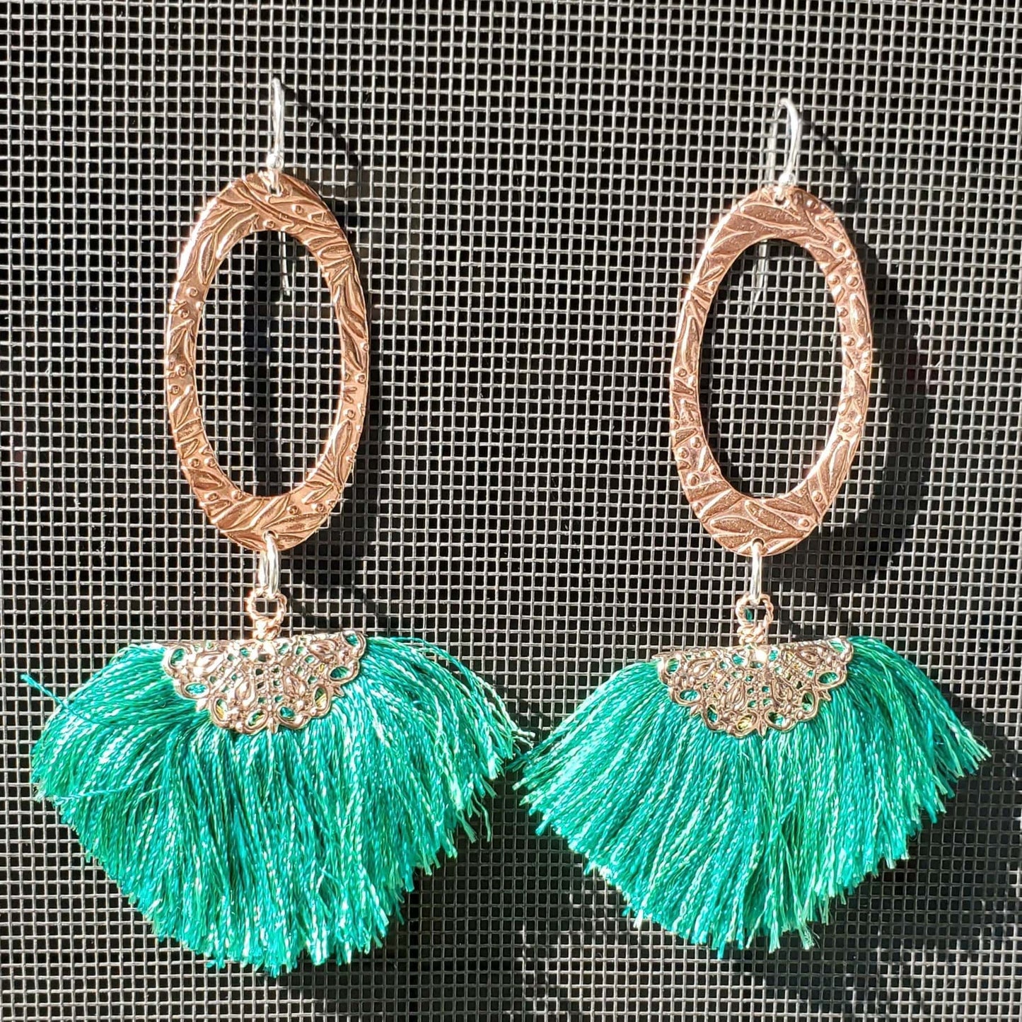 Copper Embossed Rose Gold Filled Filigree Silk Fan Tassel Earrings