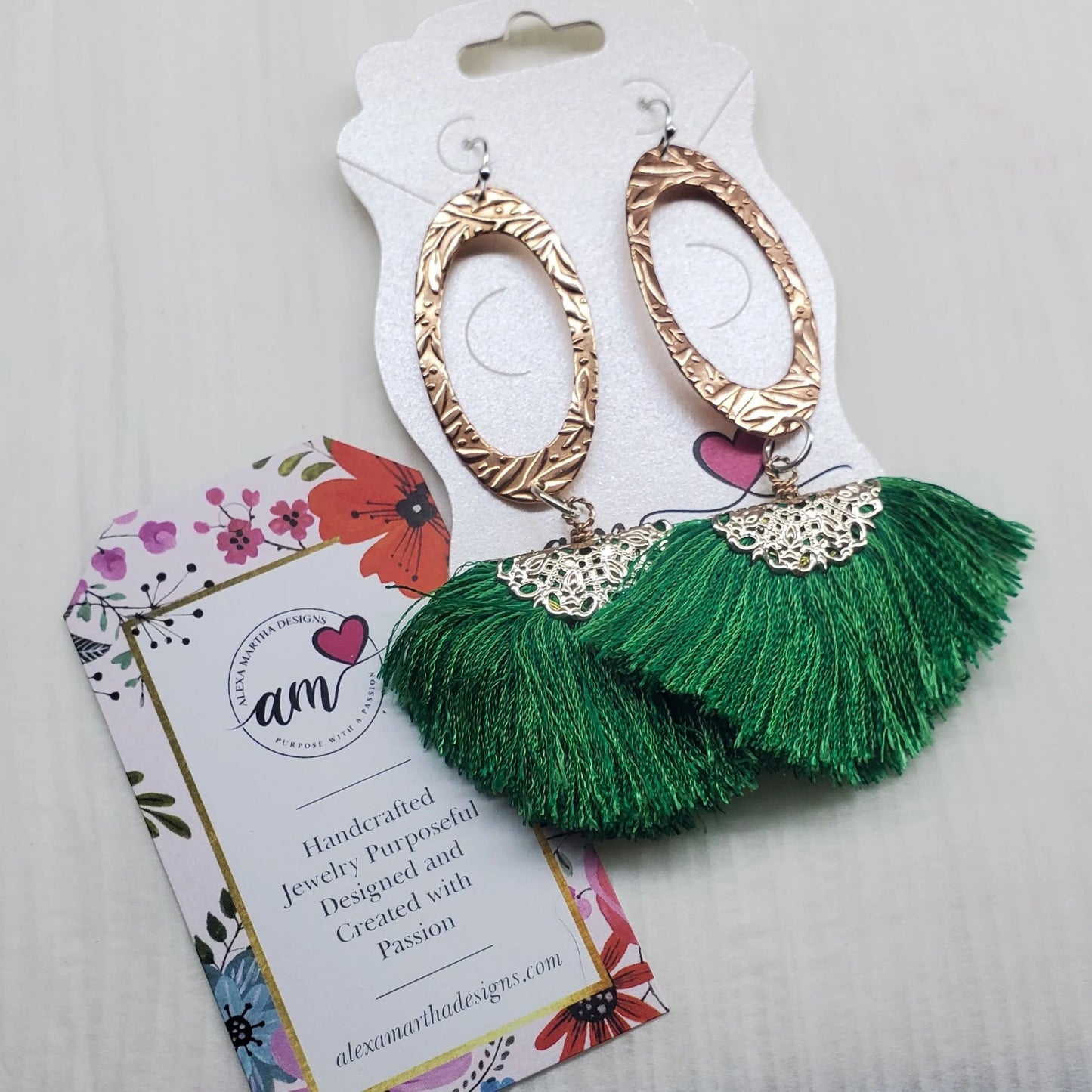 Copper Embossed Rose Gold Filled Filigree Silk Fan Tassel Earrings