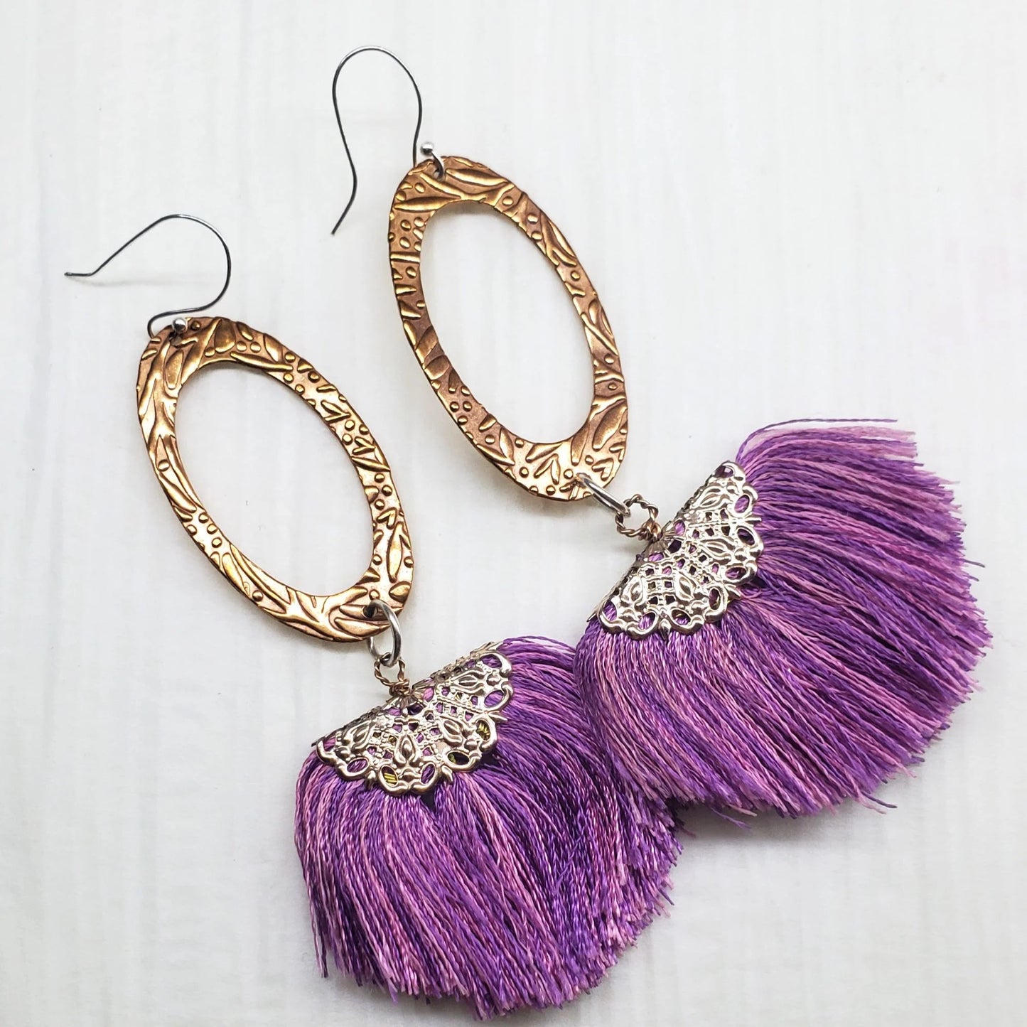 Copper Embossed Rose Gold Filled Filigree Silk Fan Tassel Earrings