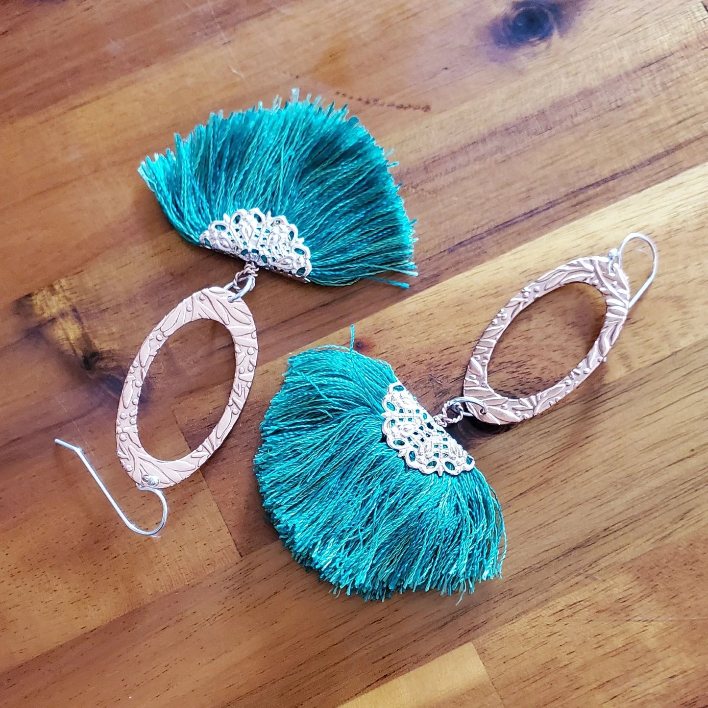 Copper Embossed Rose Gold Filled Filigree Silk Fan Tassel Earrings