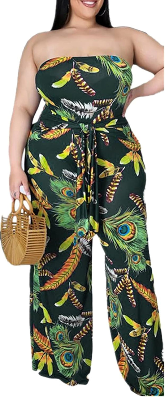 Floral Print plus Size Wide Leg Pants Jumpsuits for Women Dressy Elegant Sexy High Waisted Sleeveless Rompers Casual Green XXL